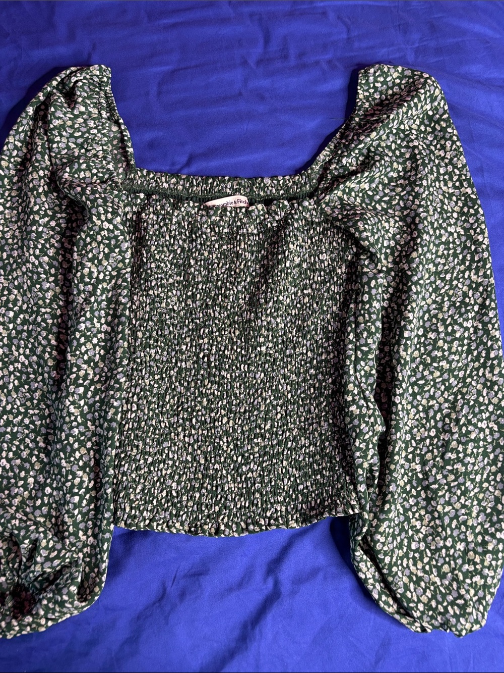 Abercrombie & Fitch Dark Green Floral Smocked Puff-Sleeve Crop Top